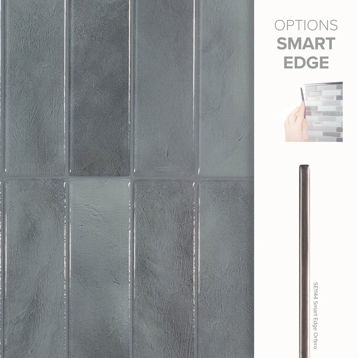 Gray tiled wall with a smart edge feature and a pen for scale.