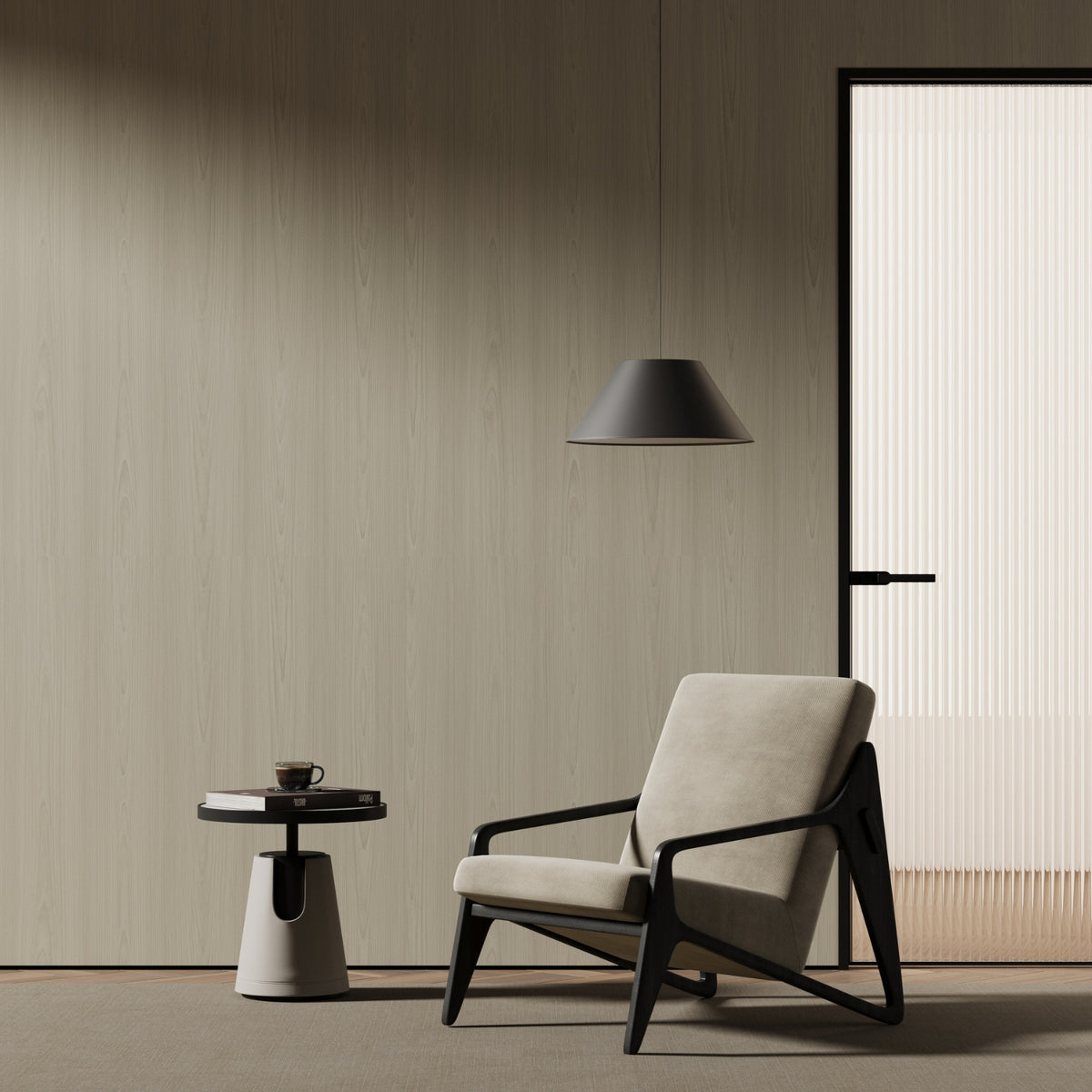 Modern armchair and side table against a wood grain vinyl wrapped wall with a hanging lamp.