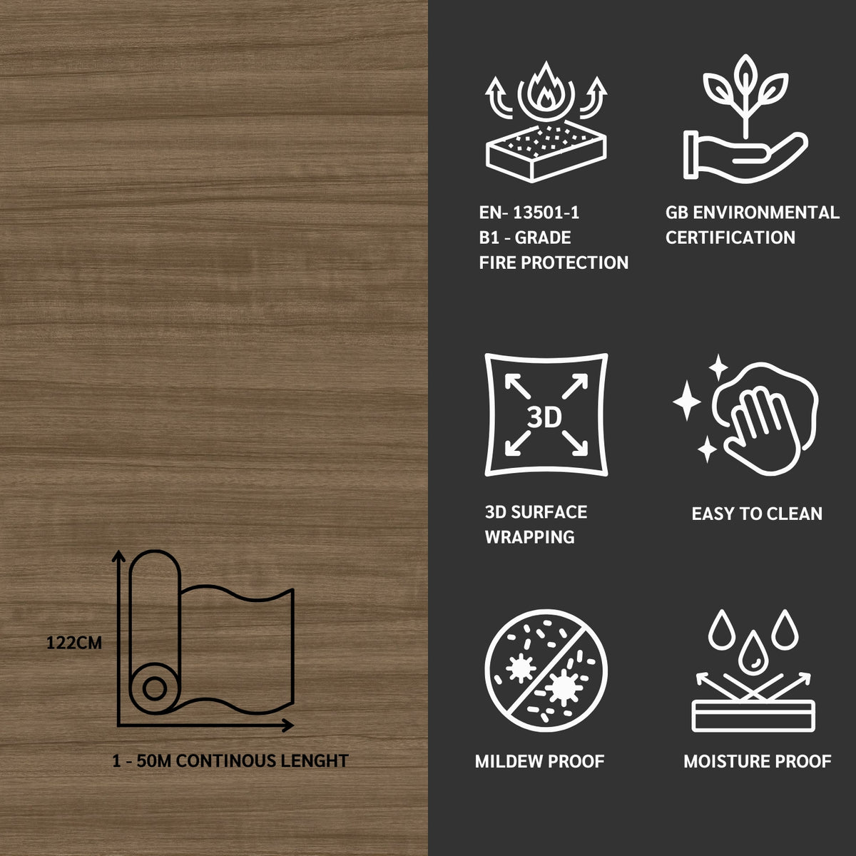 Wooden adhesive vinyl features on a black background