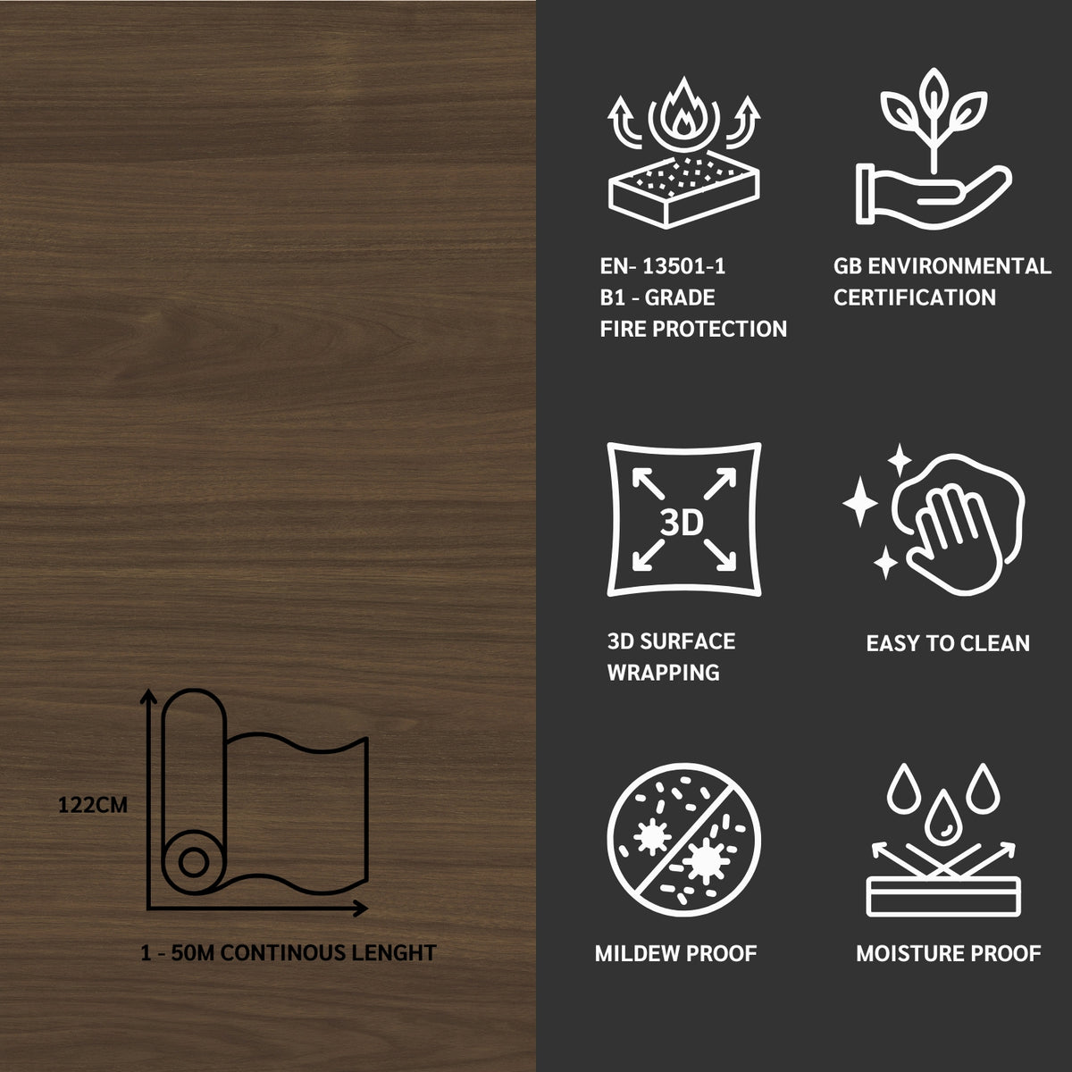 Walnut adhesive vinyl with fire protection, environmental certification, 3D surface wrapping, easy cleaning, mildew proof, and moisture proof icons on a black background.