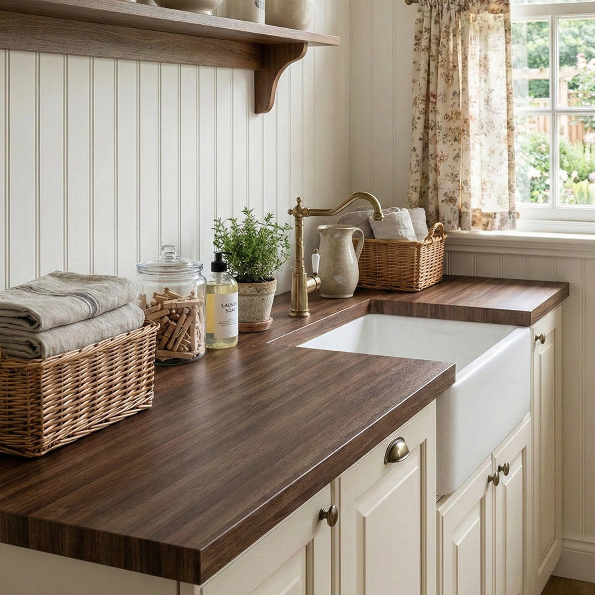 Kitchen counter with  oak wood grain vinyl wrapped countertop, white sink, and various items including a plant and baskets.
