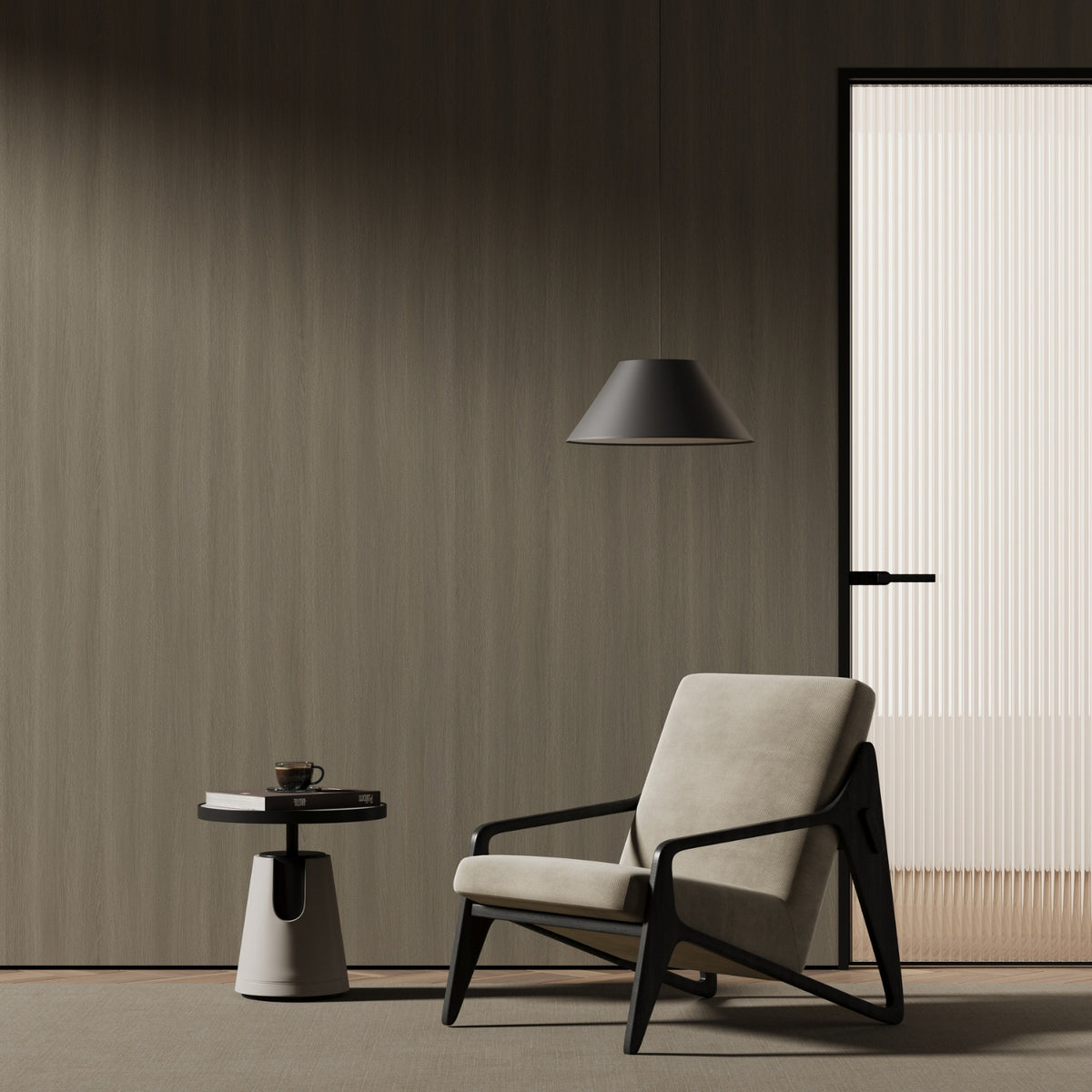 Modern armchair in a minimalistic room with a side table and lamp and a oak wood grain vinyl wrapped wall