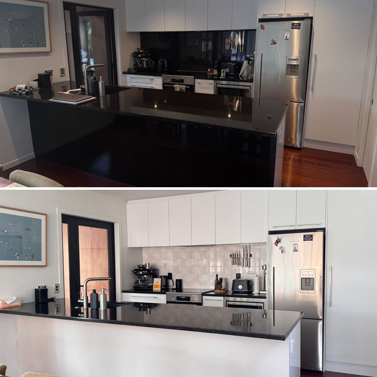 A before-and-after comparison of a kitchen. The top image shows a dark, glossy black splashback and the below a brighten up kitchen with sandy stone peel and stick tiles.