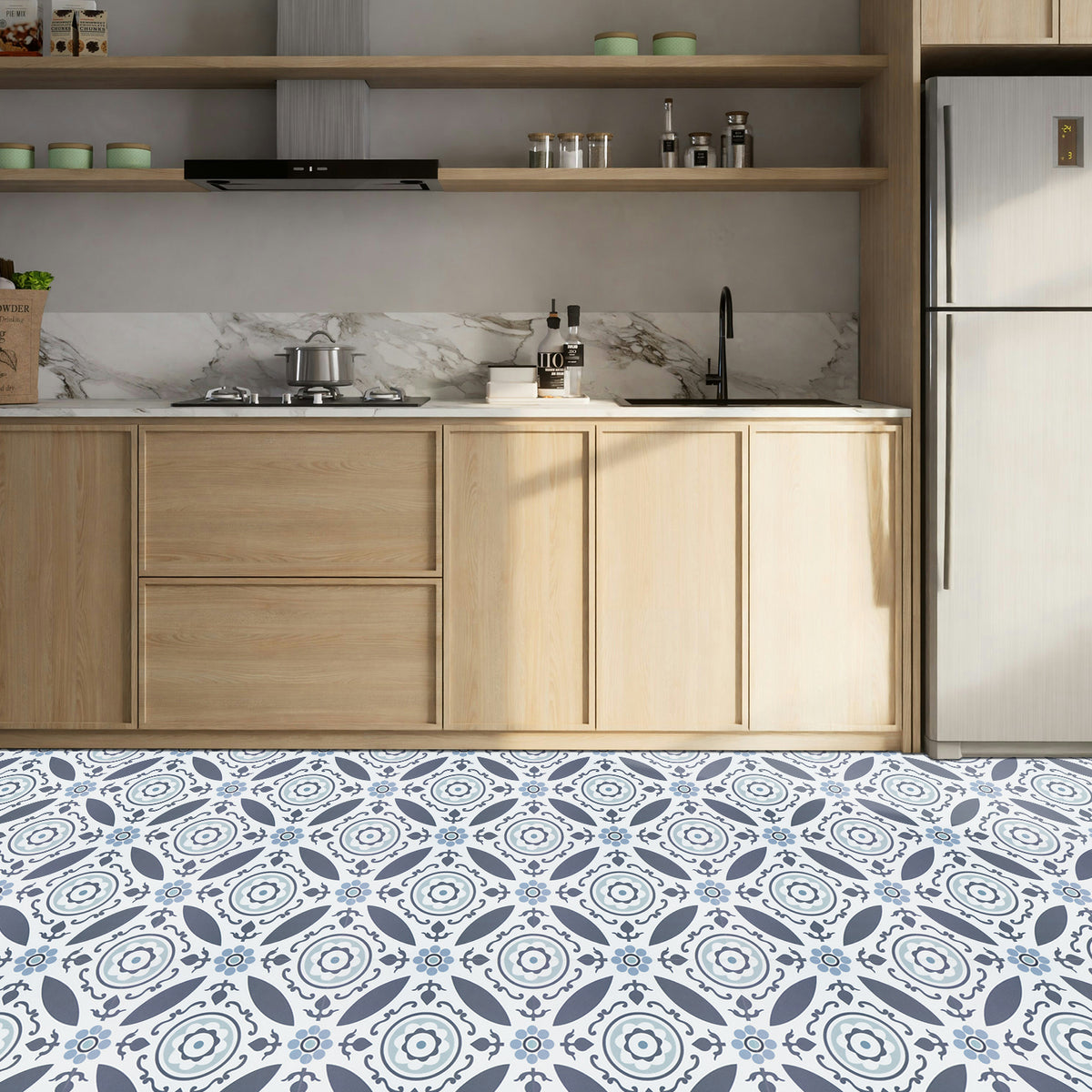 Modern kitchen with wooden cabinets, stainless steel appliances, and a patterned floor.