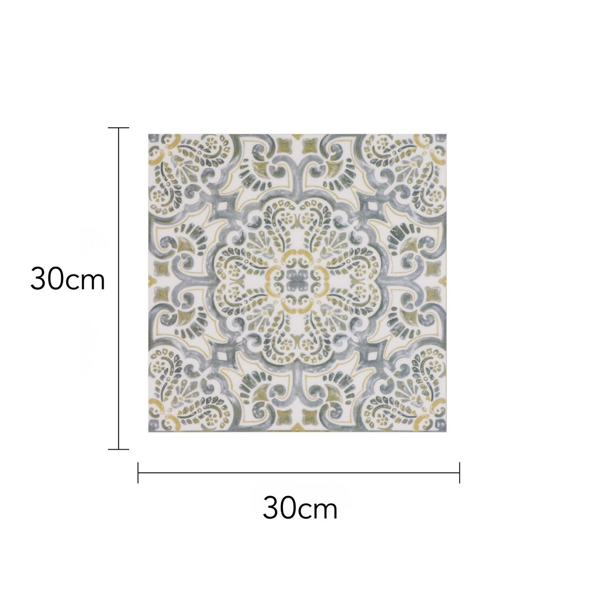 Decorative tile with a pattern and measurements on a white background