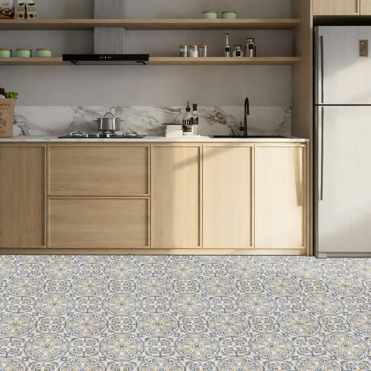 Modern kitchen with wooden cabinets, stainless steel appliances, and a patterned floor.