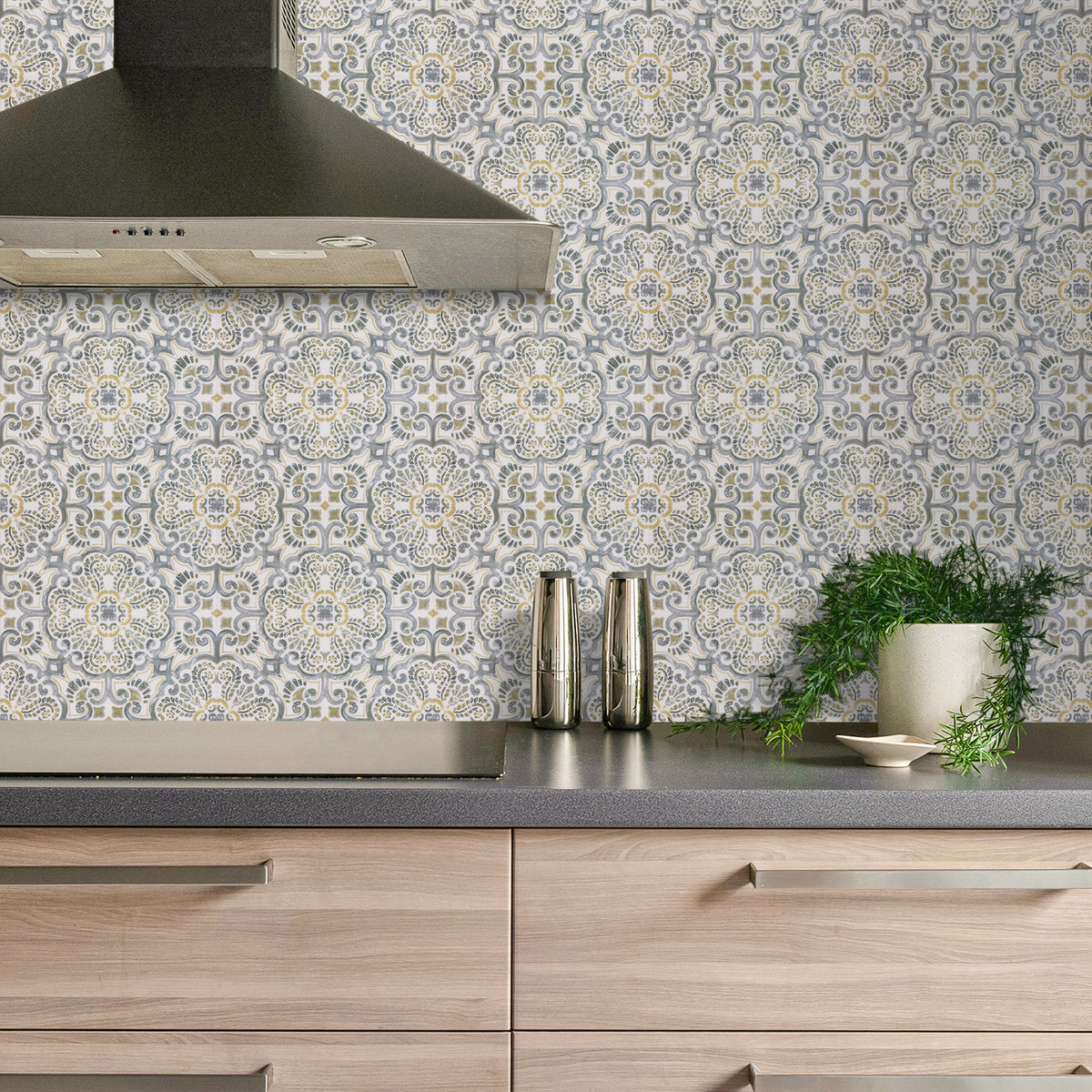 Modern kitchen with patterned backsplash and wooden cabinets