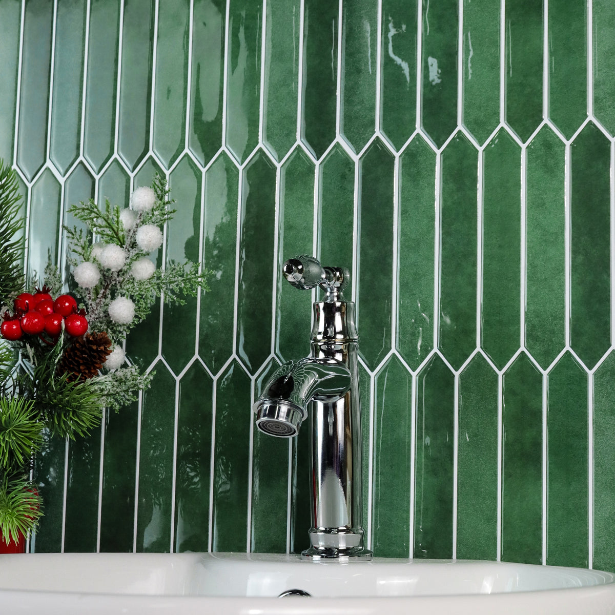 Slim Picket Wall Tile | Forest Green with White Grout – 22.86cm (W) x 28.95cm (H) x 1.2mm (T)