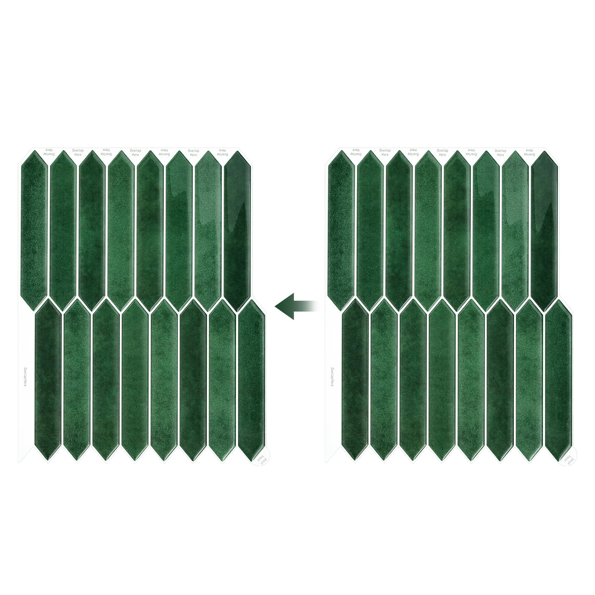 Green elongated hexagonal tiles on a white background with and arrow showing where to overlap