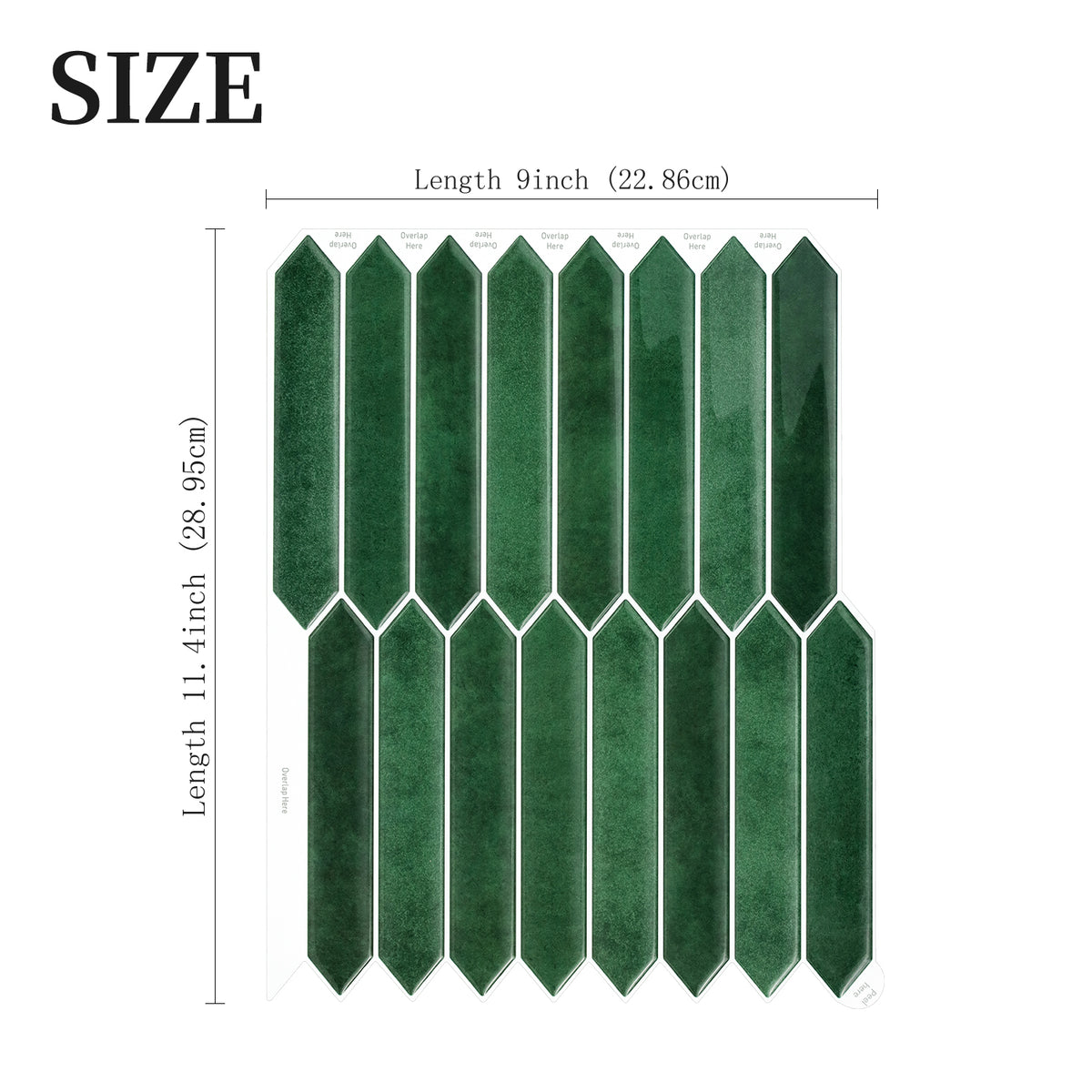 Green hexagonal tiles with measurements on a white background
