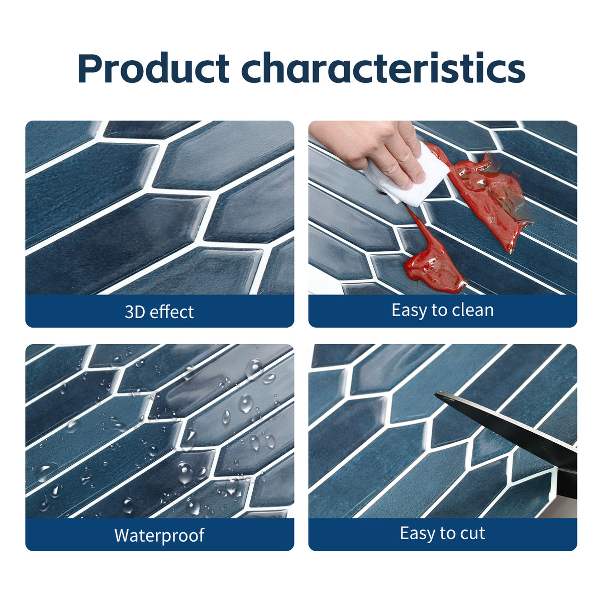 Product characteristics of a decorative tile with 3D effect, ease of cleaning, water resistance, and cutting flexibility.