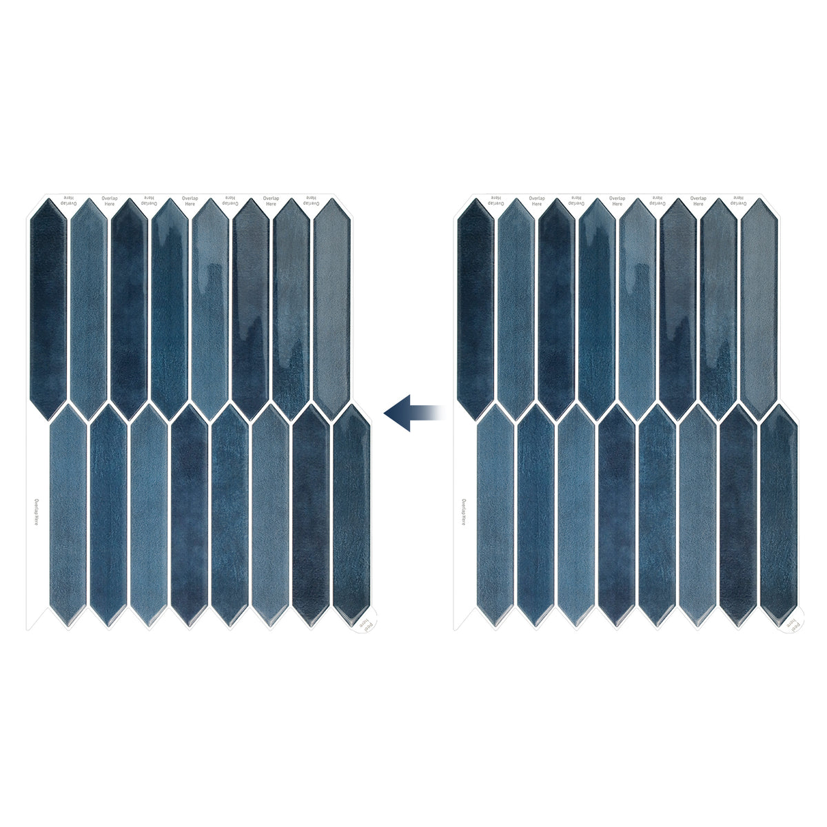 Hexagonal blue tiles with an arrow indicating how to install