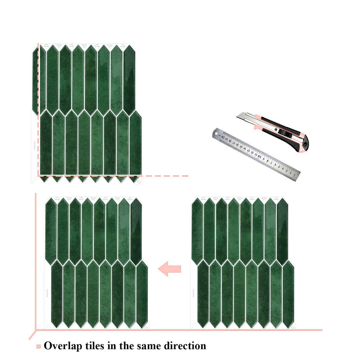 Green tiles with overlap direction instructions and measurement tools on a white background