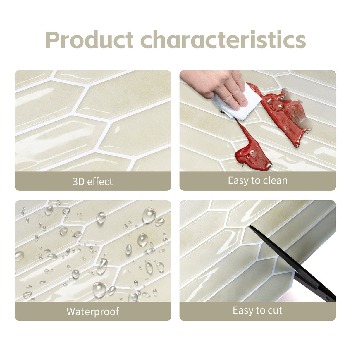 Product characteristics including 3D effect, easy cleaning, waterproof, and easy cutting on a tiled surface.