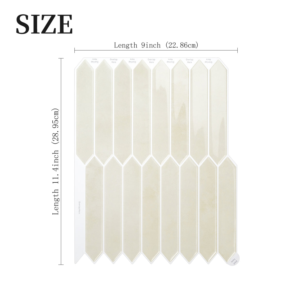 Beige hexagonal tiles with measurements on a white background