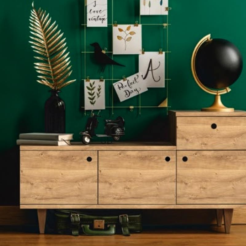 storage unit in ribbeck oak vinyl with black earth globe and feather on top in front of green wall with a wire notice board