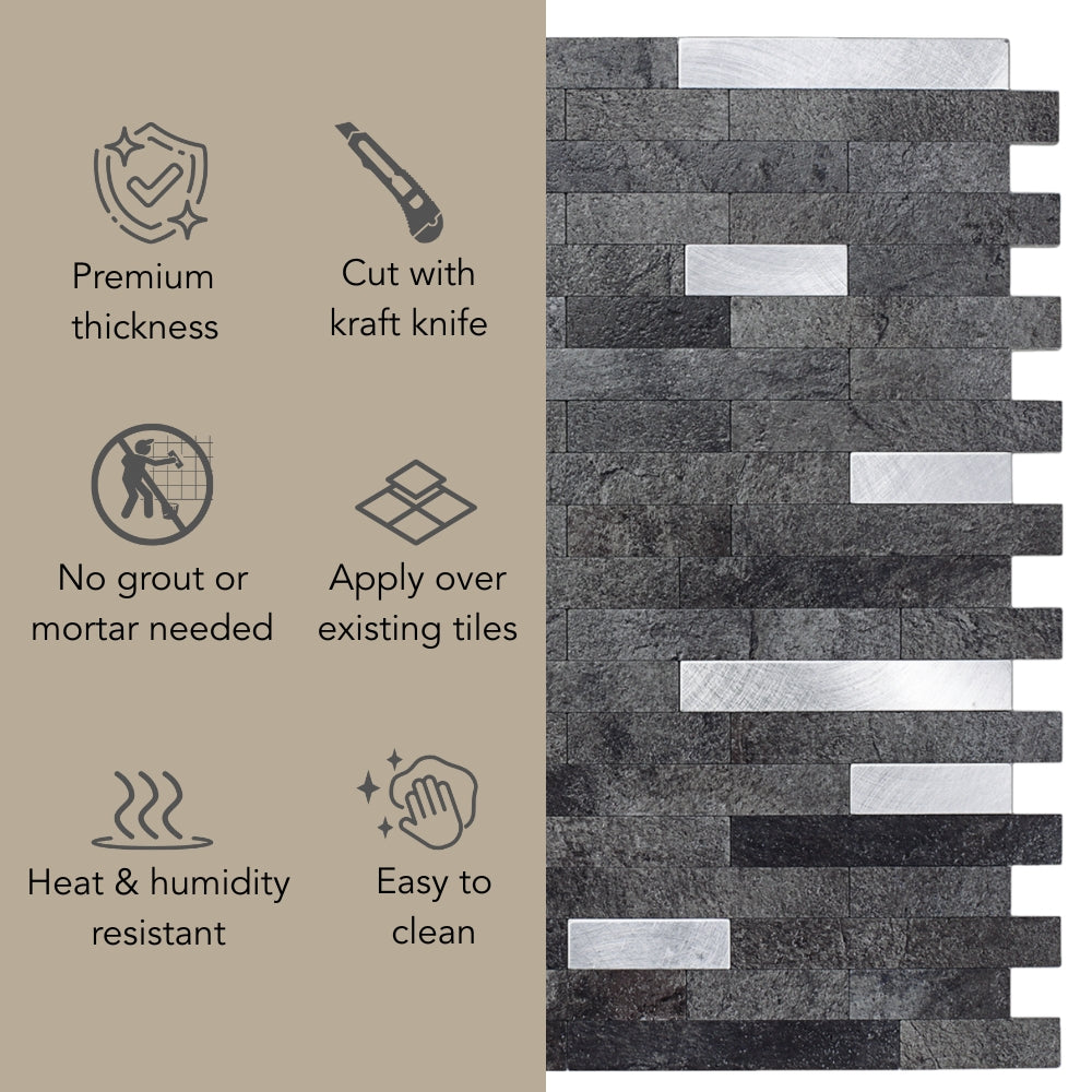 Stone &amp; Metal Slate Grey Composite tiles features
