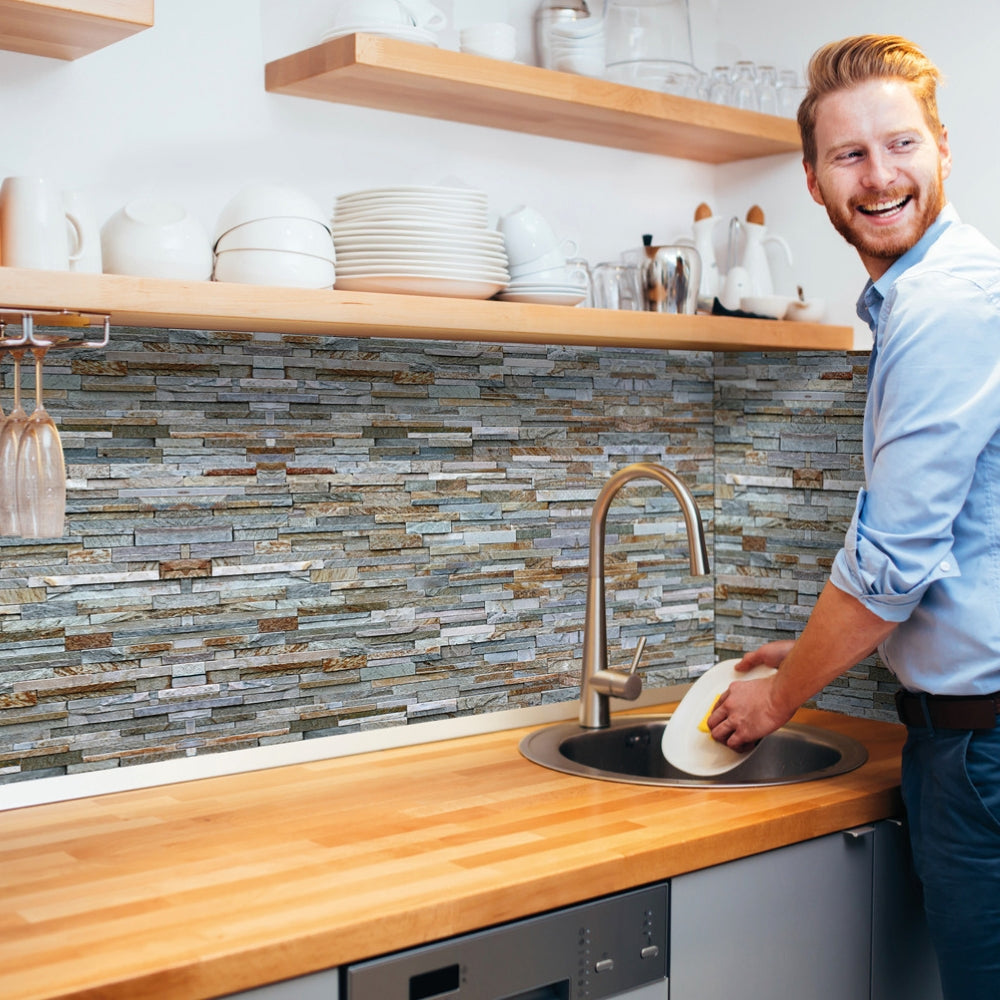Stone wall grey natural vinyl wallpaper inkitchen