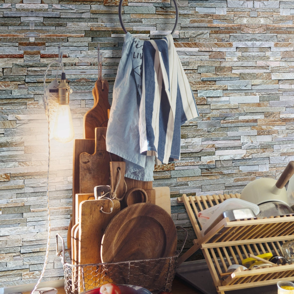 Stone wall grey natural vinyl wallpaper kitchen splashback