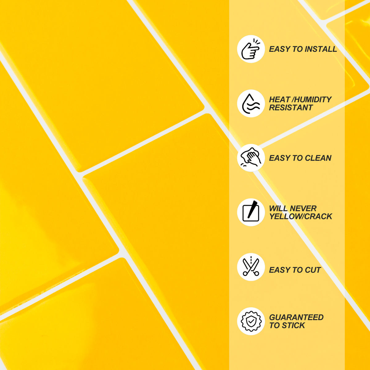 Yellow tiles with text indicating features on a yellow background