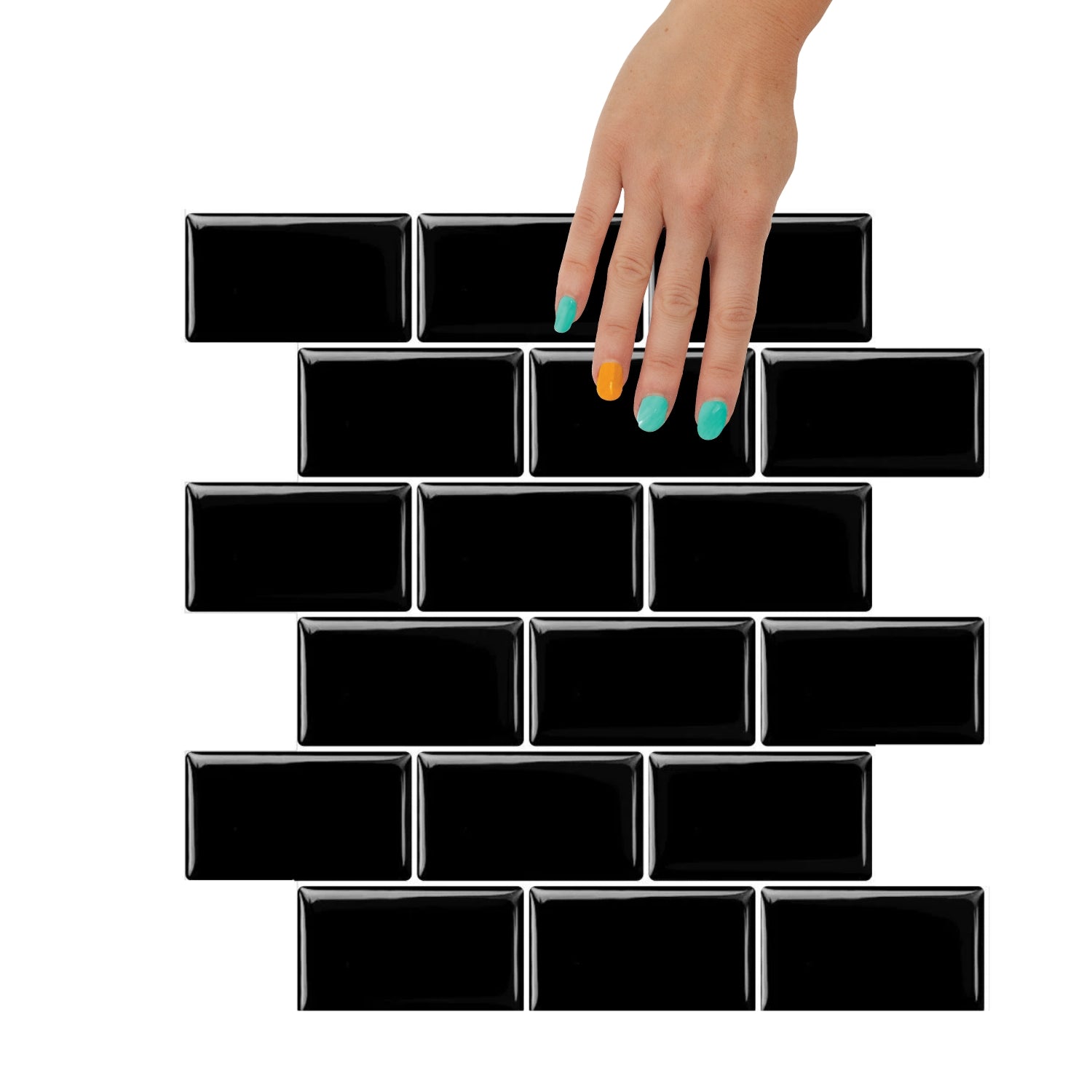Black subway peel and stick vinyl wall tiles with white grout in laundry room
