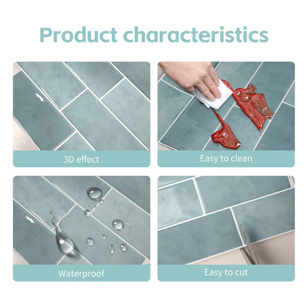 Product characteristics of a tile with 3D effect, ease of cleaning, water resistance, and cutability.