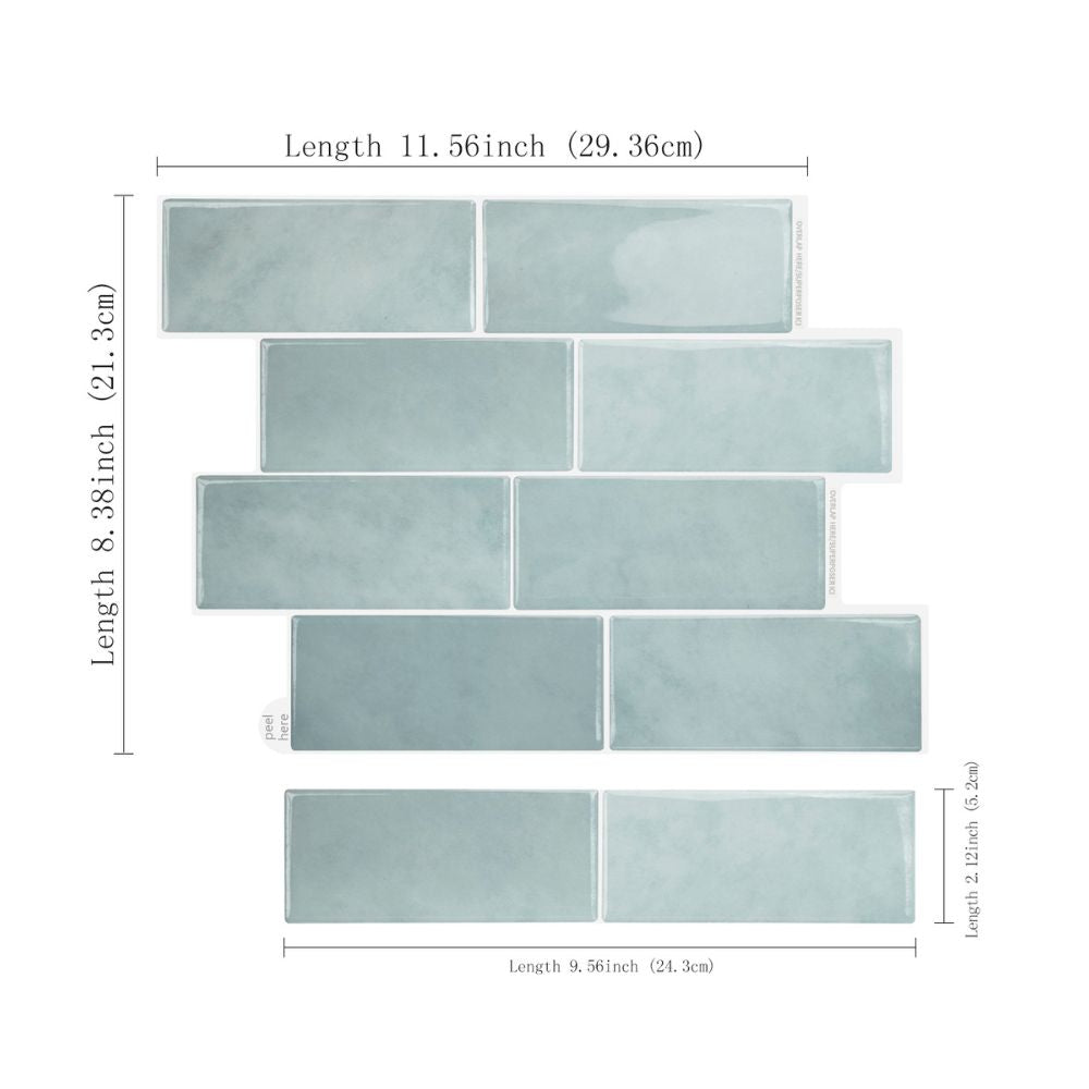 Measurement chart of light blue tiles with dimensions labeled