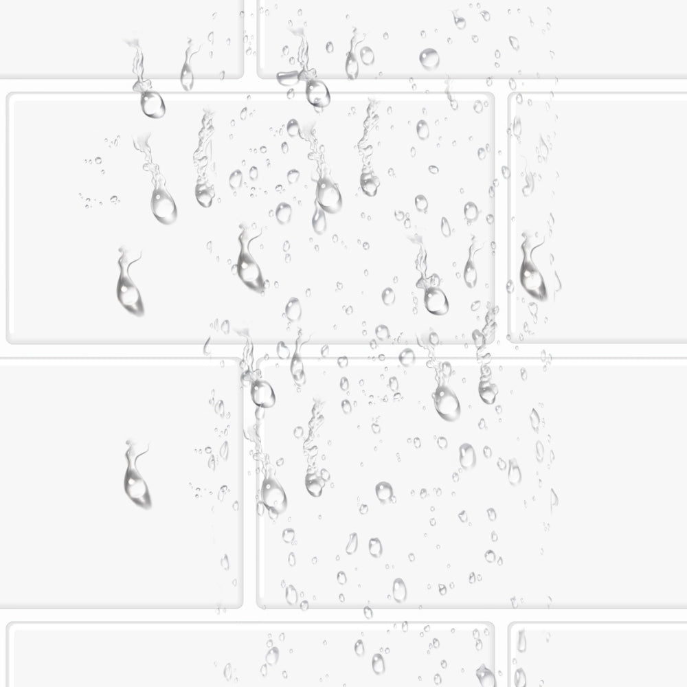 Clear water droplets on a subway white tile