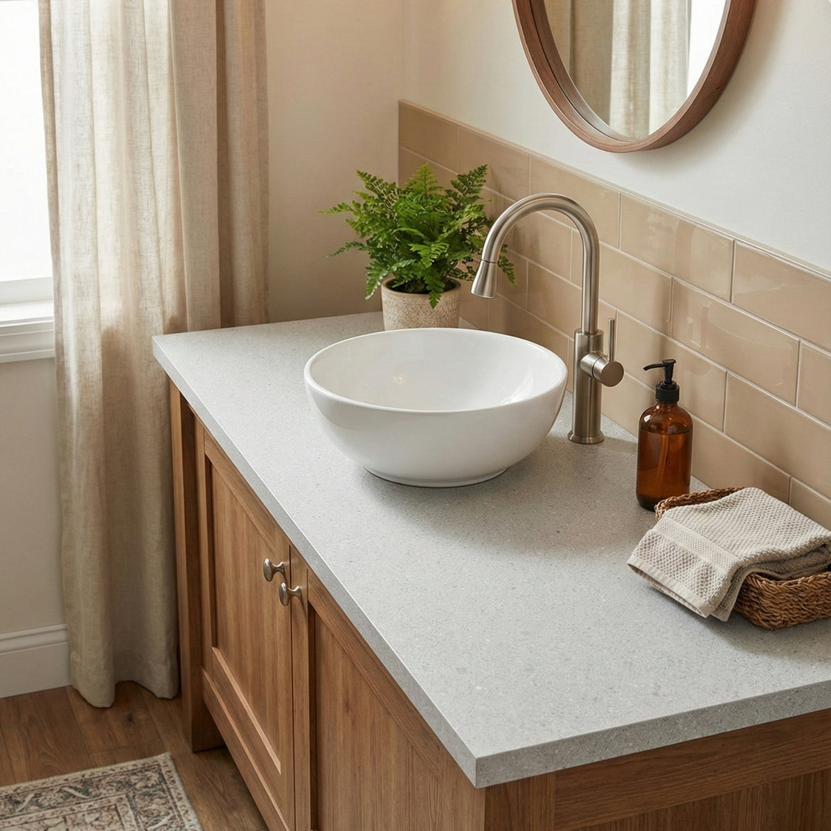 Bathroom vanity with a white sink, faucet, and various items on the warm greige vinyl wrapped countertop.