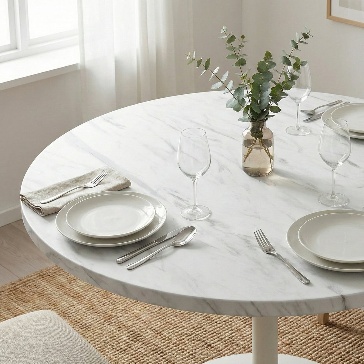 Round marble vinyl wrapped table set for dinner with plates, glasses, and cutlery.