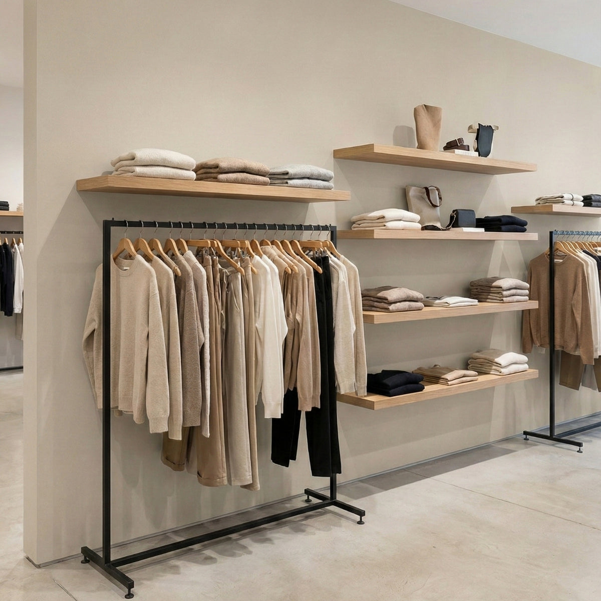 Clothing rack with beige and black garments in a store setting with a beige stone vinyl wrapped wall.