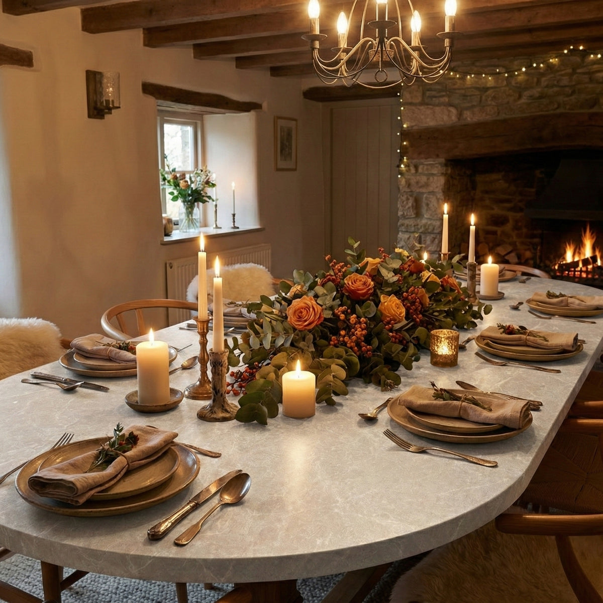Dining room with a table vinyl wrapped set for a meal, candles, and a fireplace.