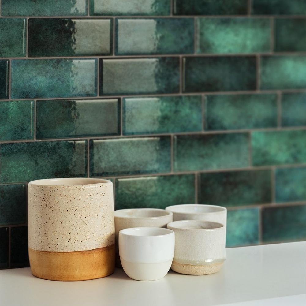 Turquoise self-adhesive 3D subway tile splashback