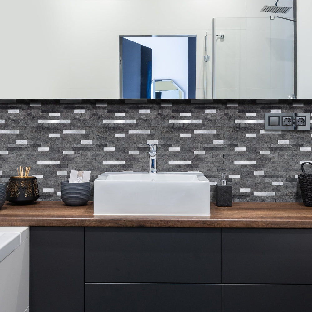 Stone &amp; Metal Slate Grey Composite tiles in bathroom
