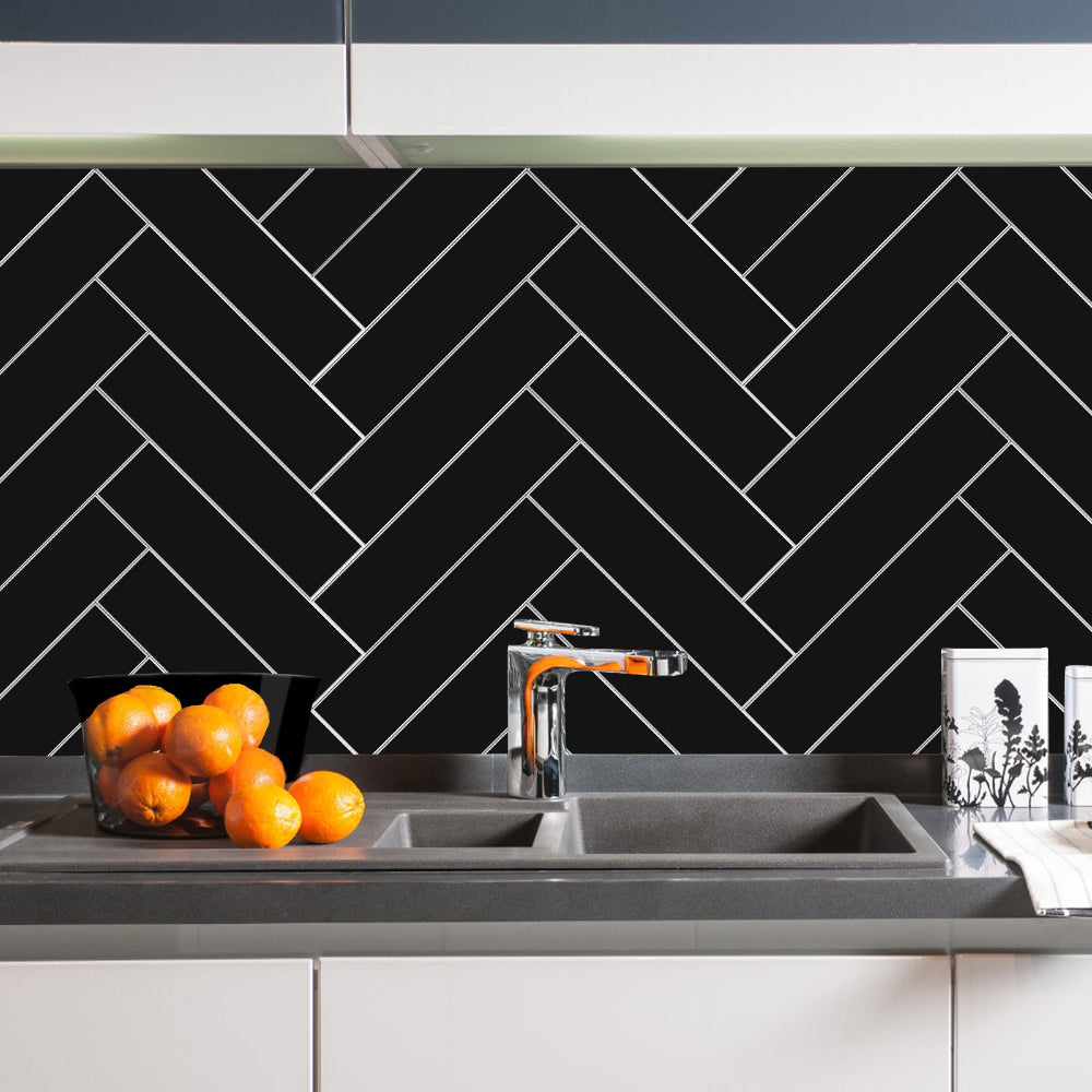 Black gloss composite wall tiles in kitchen