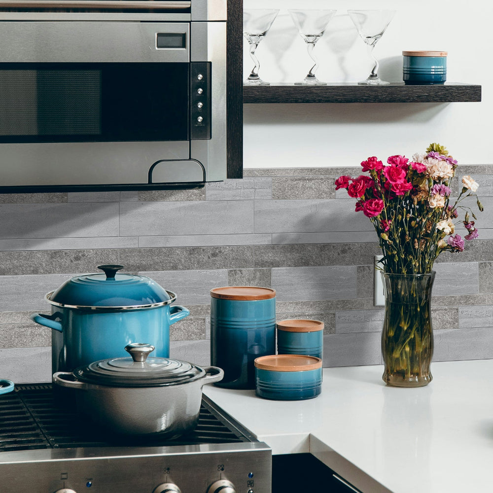Stone wall grey composite tiles in kitchen