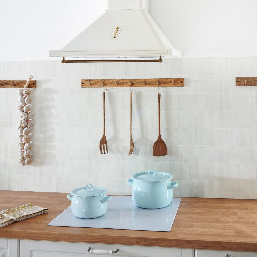 White self-adhesive 3D stacked subway tiles as kitchen splashback
