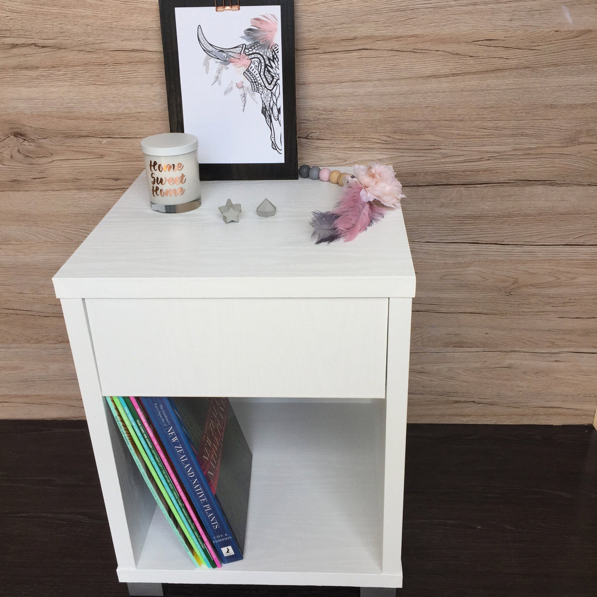 bedside table covered with whitewood matte adhesive vinyl