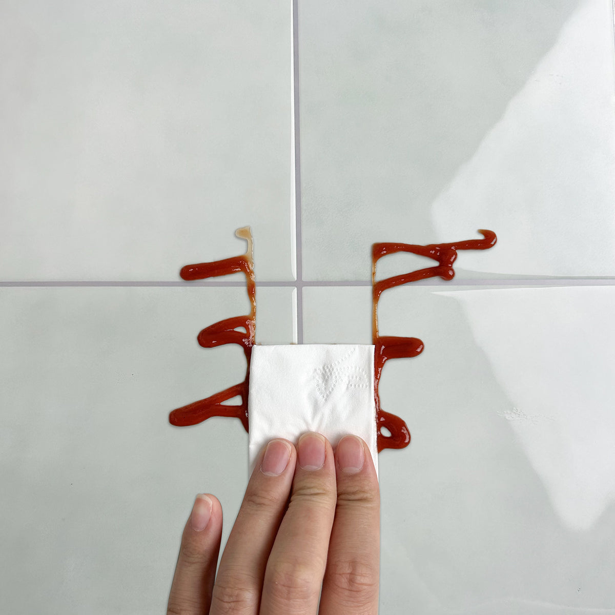 Hand holding a white paper towel with red liquid on a tiled wall background