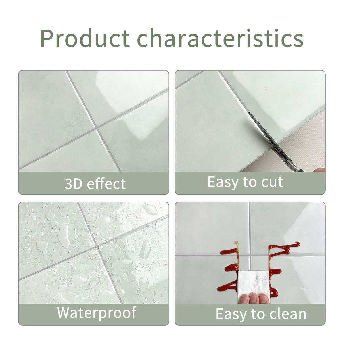 Product characteristics of a tile with 3D effect, ease of cutting, waterproofness, and ease of cleaning.