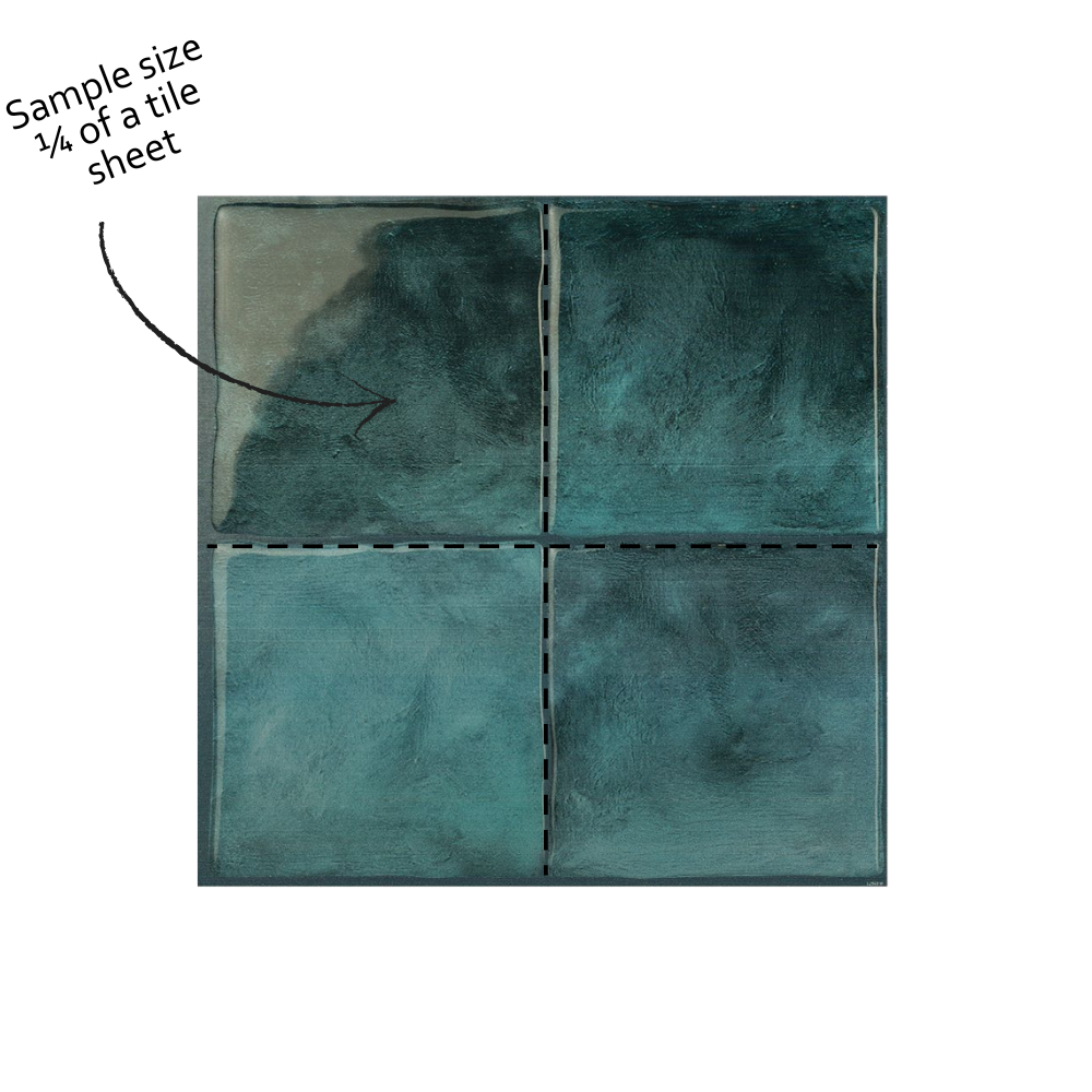 Teal tile sample with a size label on a white background