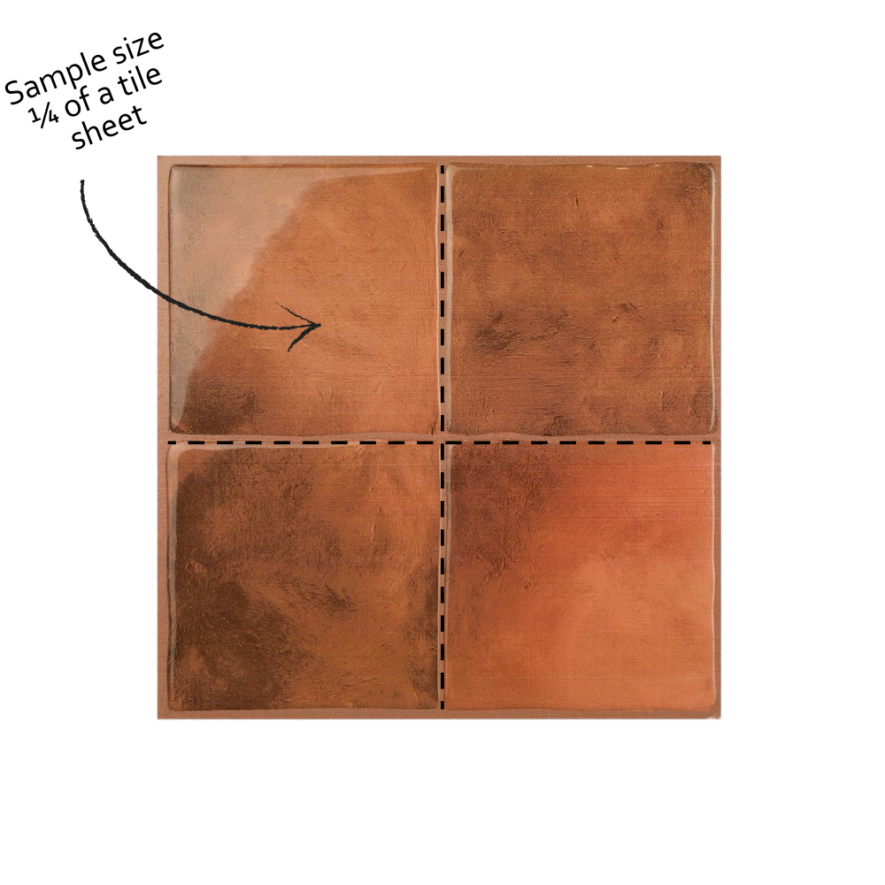Brown  tile sample with a label indicating its size relative to a full tile sheet.
