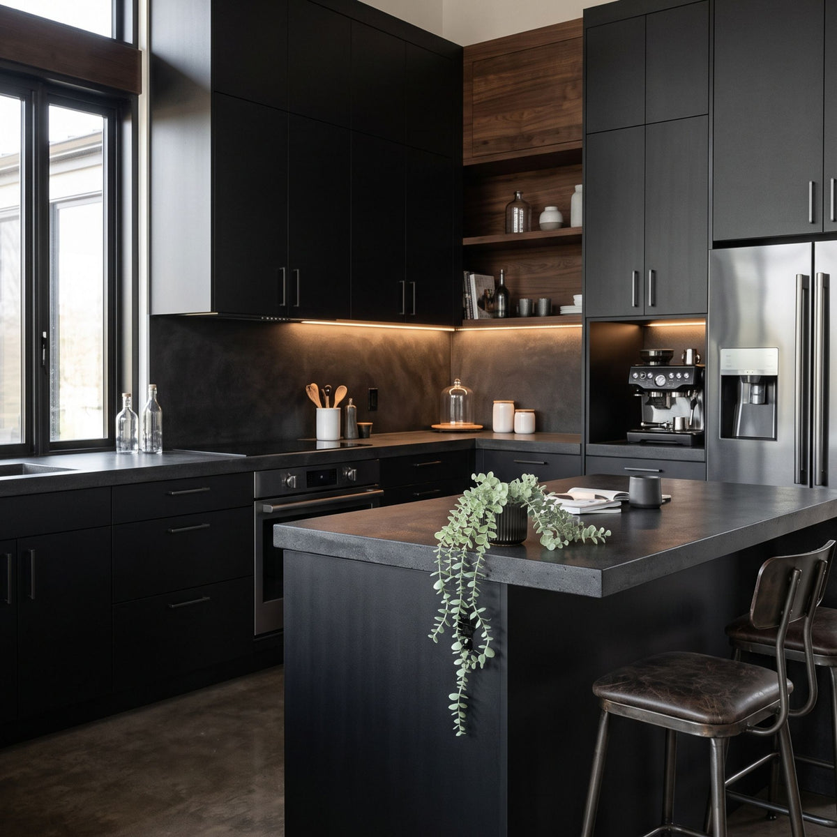 Basic Black Textured architectural grain vinyl covered kitchen