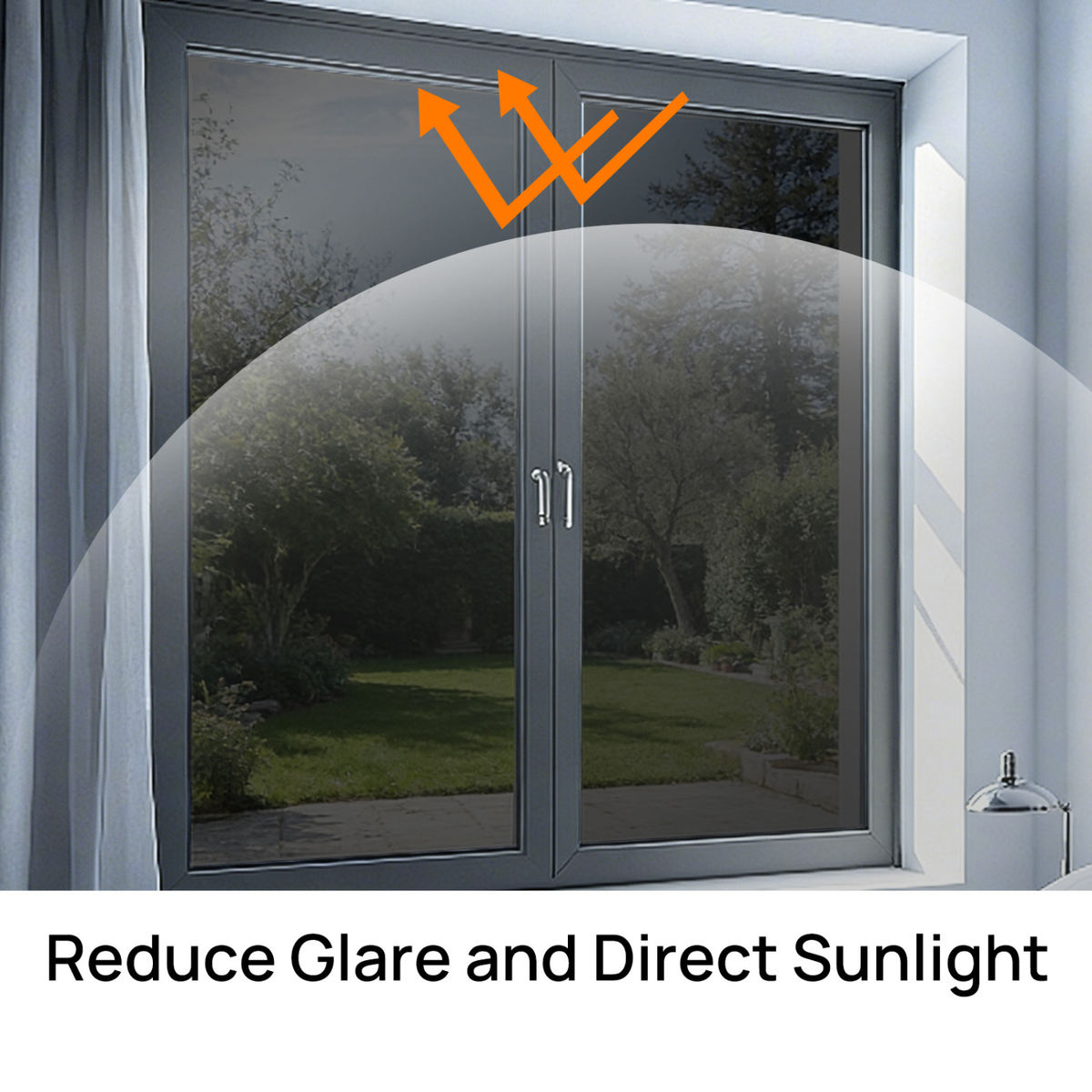 Window with solar film applied, showing reduced glare and direct sunlight, with text 'Reduce Glare and Direct Sunlight'.