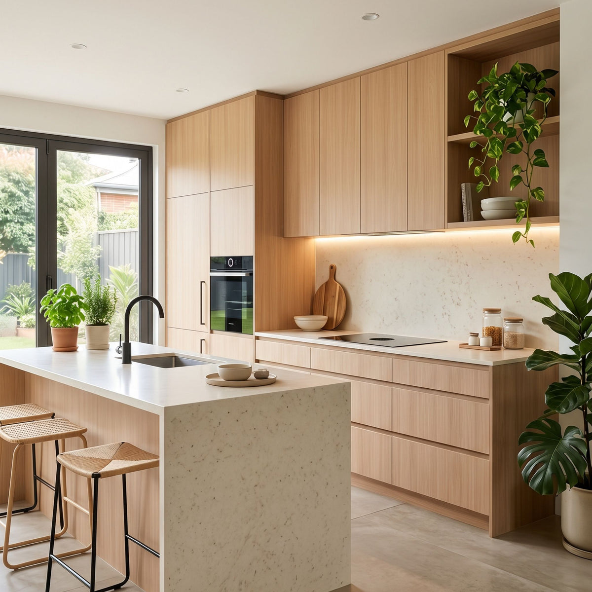 Modern kitchen with natural oak cupboards and beige stone top counters.