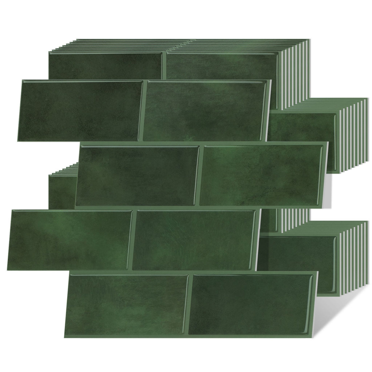 A stack of dark green rectangular subway tiles arranged in a staggered brick pattern against a plain white background.