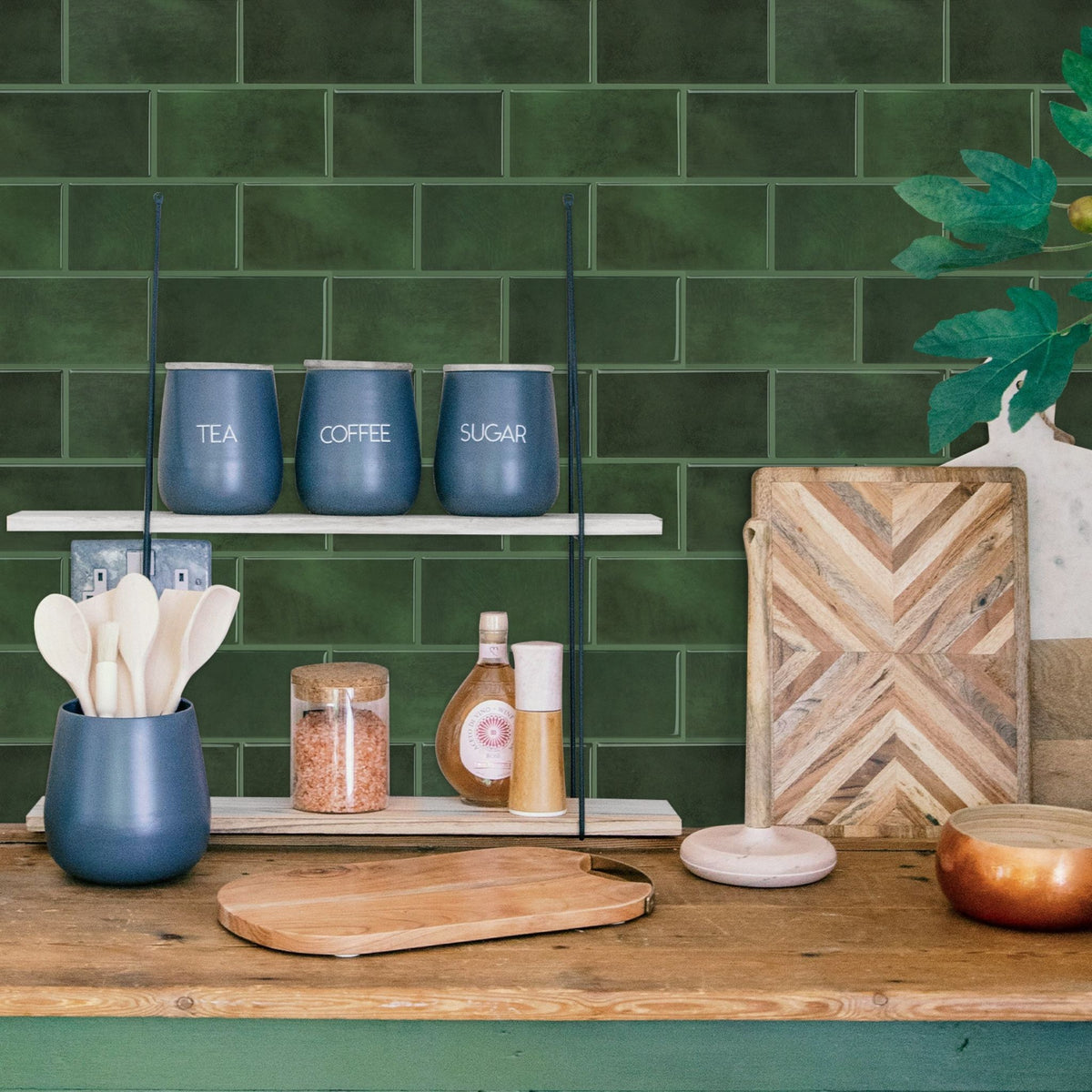 Green stacked subway tiles in a kitchen lifestyle