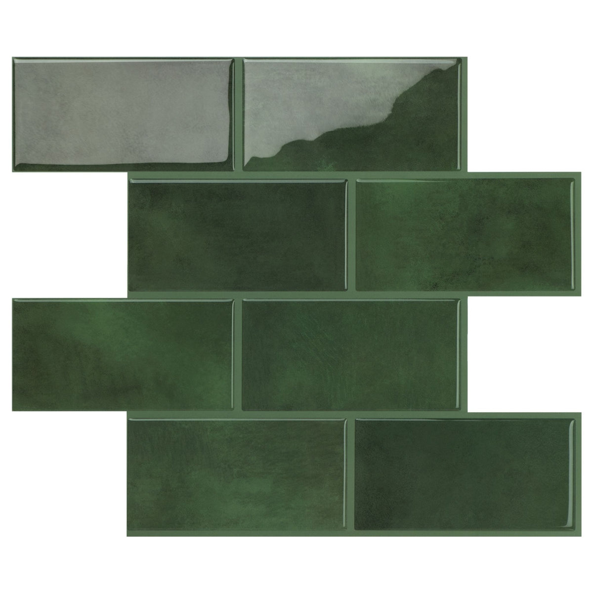 A set of rectangular green subway tiles arranged in a staggered brick pattern against a plain white background.