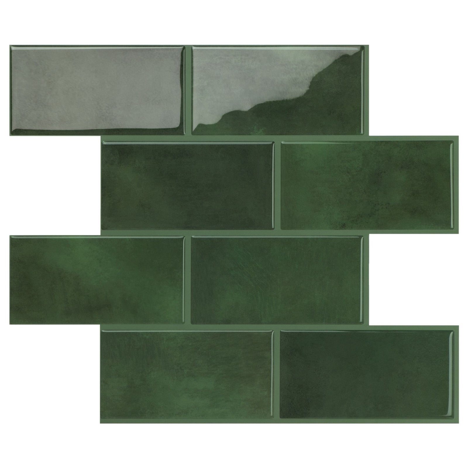 A bathroom vanity setup featuring a matte black two-handle faucet mounted on a white sink, set against a green subway tile wall with a decorative scalloped mirror and toiletries on the counter.