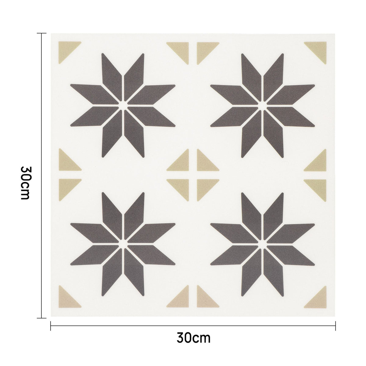 A square decorative tile shown with dimension labels. The design has a warm off-white background with four large dark brown starburst motifs, small beige corner triangles, and a central beige cross motif.